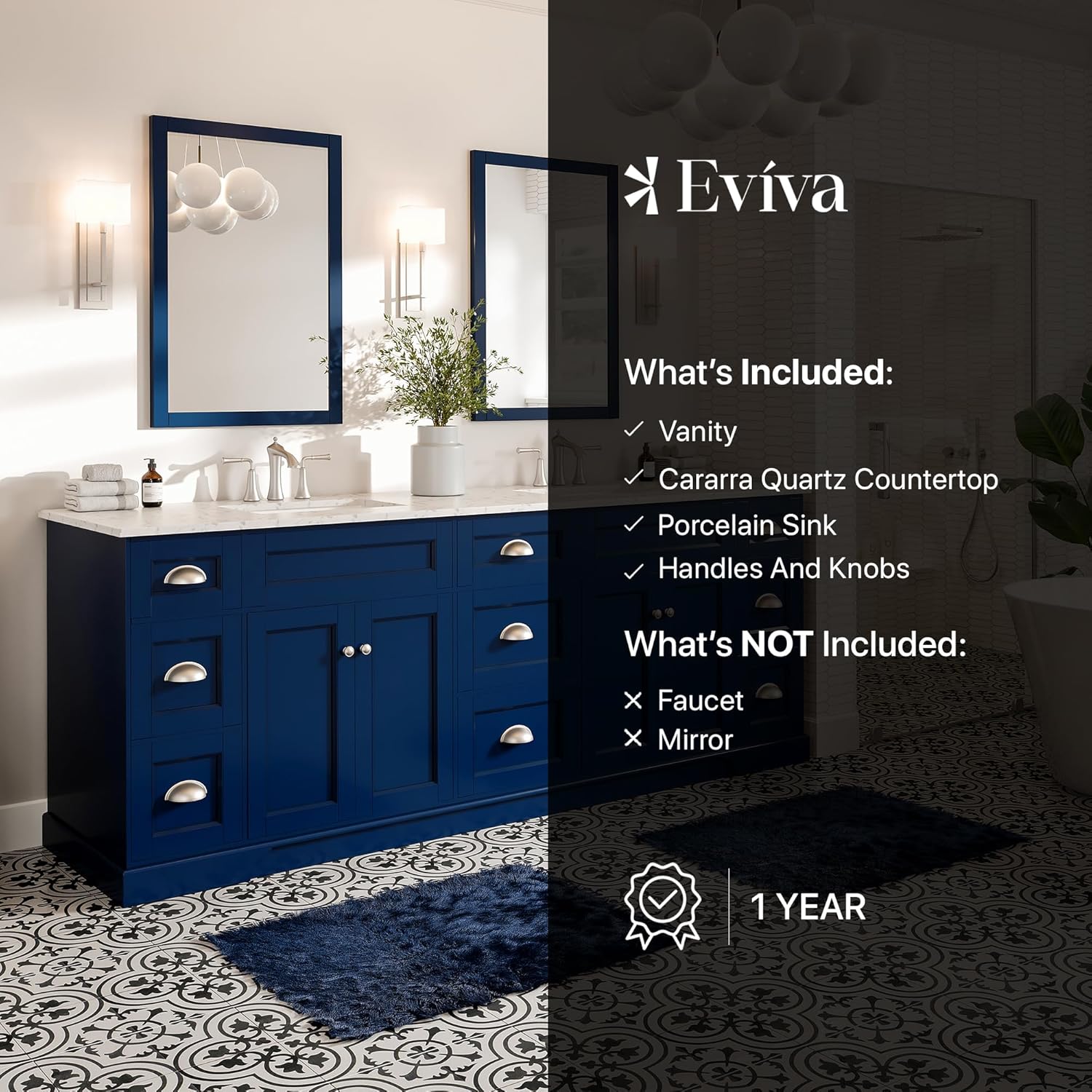 Eviva Blue Bathroom Vanity, 84 inch, Carrara Quartz Countertop - Double Sink - Soft-Closing Doors & Brushed Nickel Handles