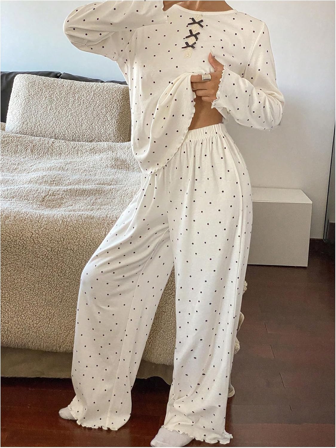 Verdusa Women's 2 Piece Polka Dots Lettuce Trim Pajama Set Bow Long Sleeve T Shirt and Pants Sleepwear - Image 5