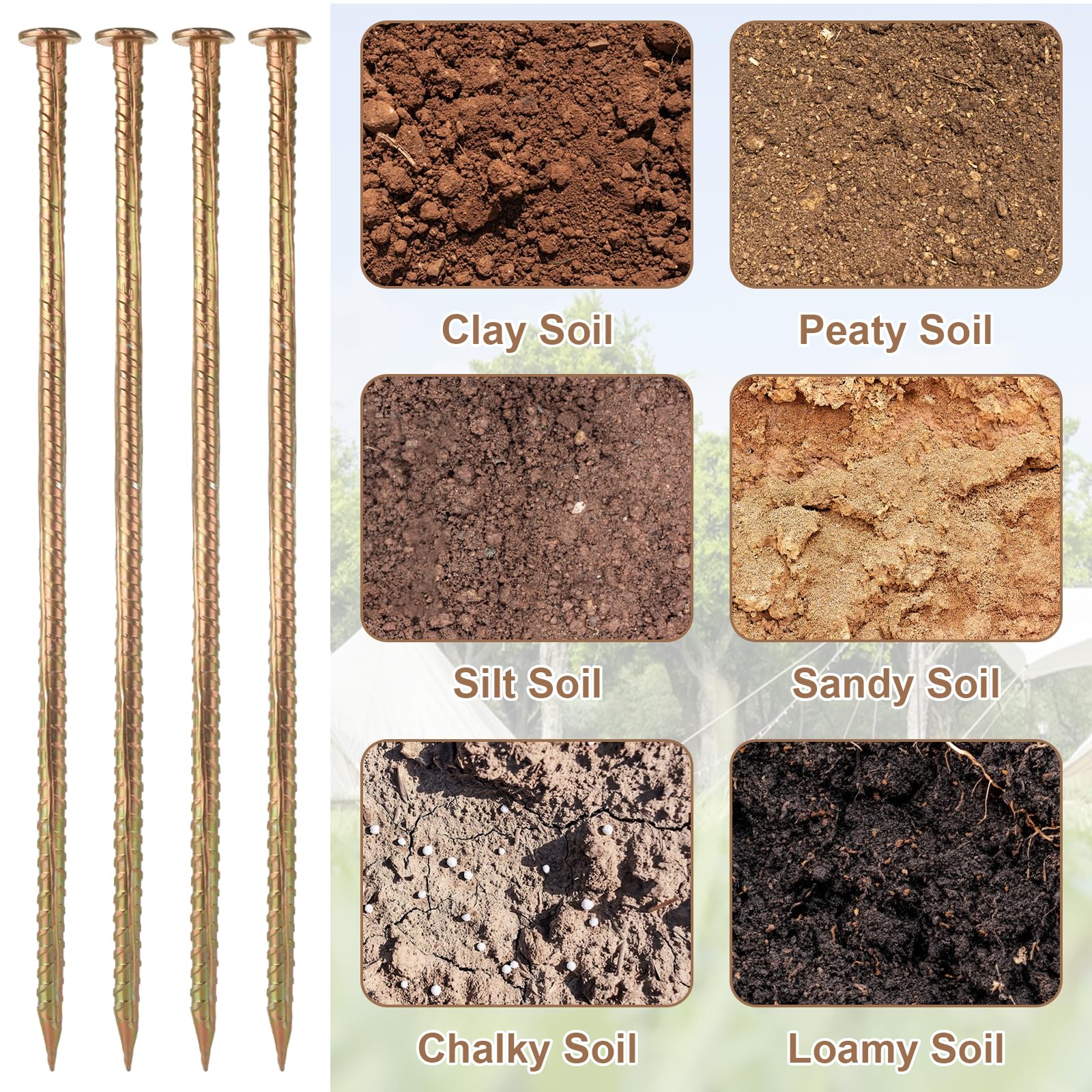 MIVIDE Lot de 12 piquets d'armature dorés de 40,6 cm, 1,27 cm de diamètre, ancrages au sol en acier galvanisé, piquets d'armature en métal robuste pour ralentisseurs, plantes de jardin, roue, bois,