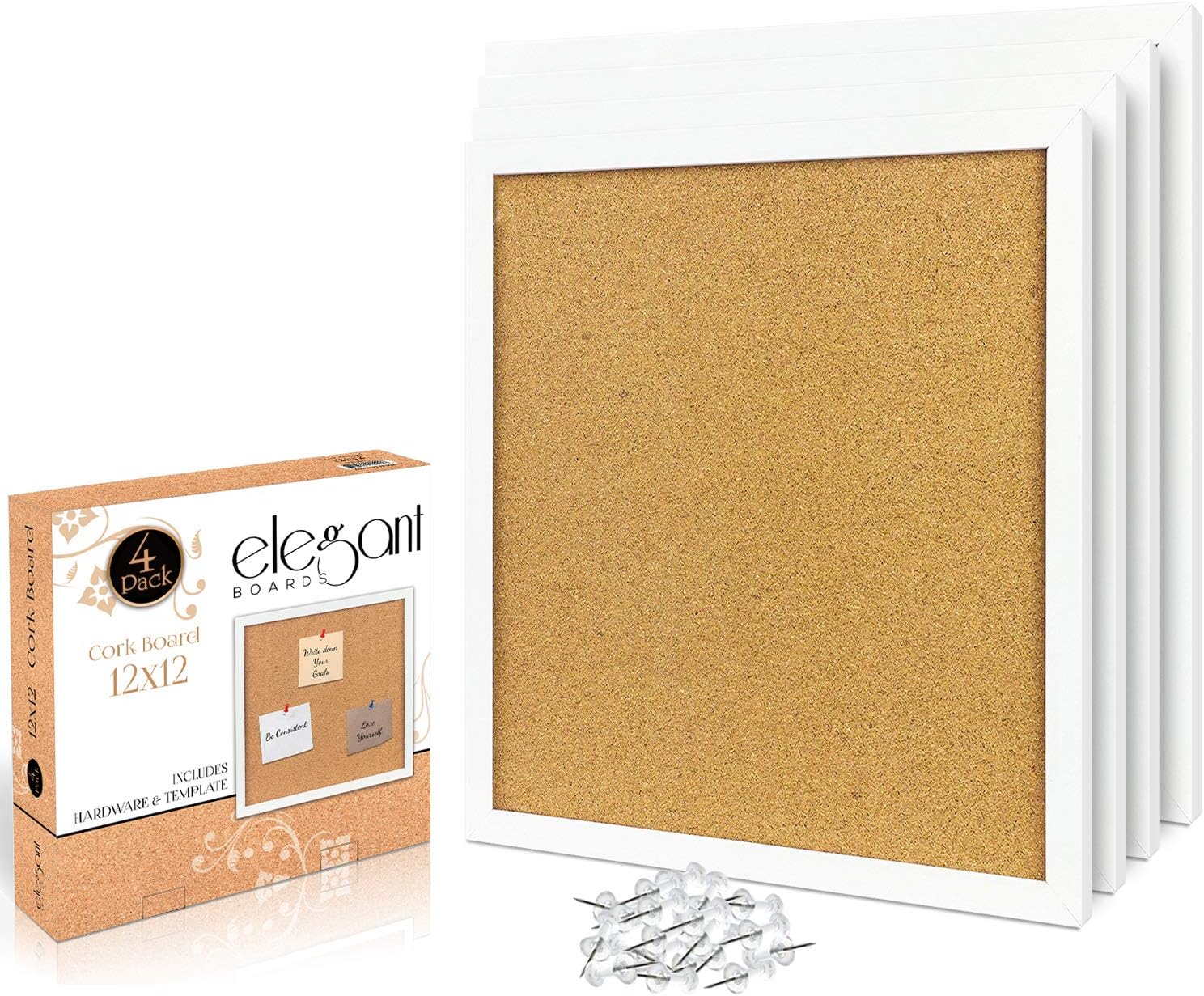 4 Pack Cork Bulletin Board 12"X 12" Square Wall Tiles, Modern White Framed Boards for Home and Office (Pushpins, Hardware and Template Included)