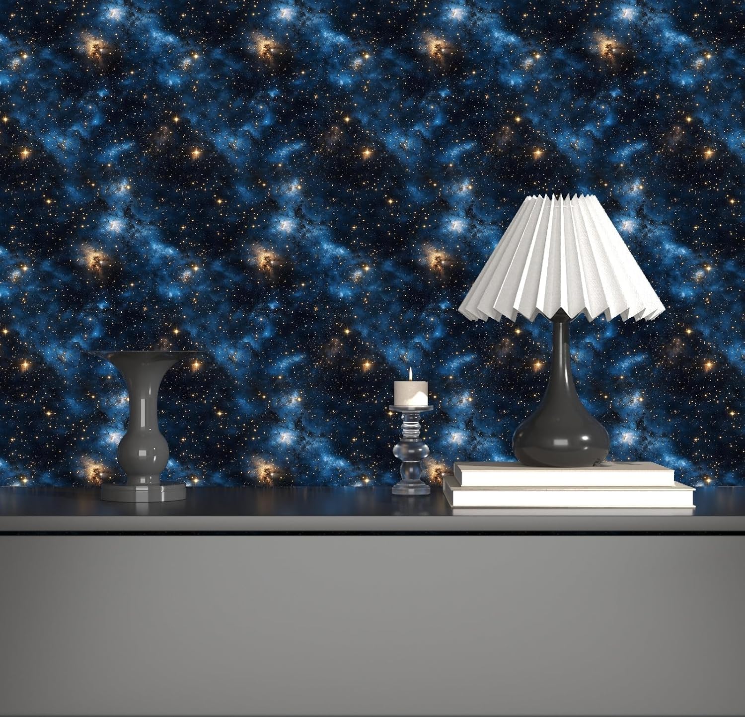 Laatse Blue Starry Peel and Stick Removable Black Sky Contact Paper 17.5in x393.7in, Gold Star Modern Wallpaper Mural Waterproof Self Adhesive for Wall Bedroom Bathroom Kitchen Cabinet Room Decor
