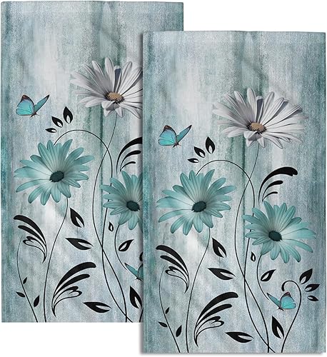 Giwawa Juego de 2 toallas de mano con diseño floral de margarita, color verde azulado, blanco, juego de 2 toallas suaves y absorbentes para la punta