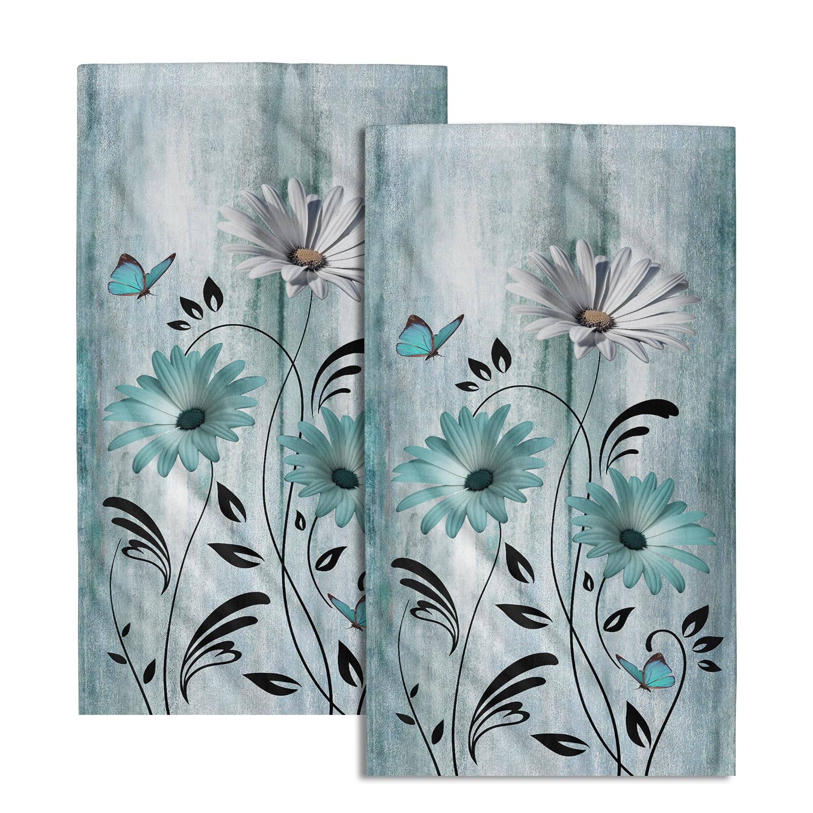 Giwawa Daisy Floral Hand Towels Teal White Flower Guest Towel Set of 2 Soft Absorbent Fingertip Towels for Bathroom Home Sports Gym Decor