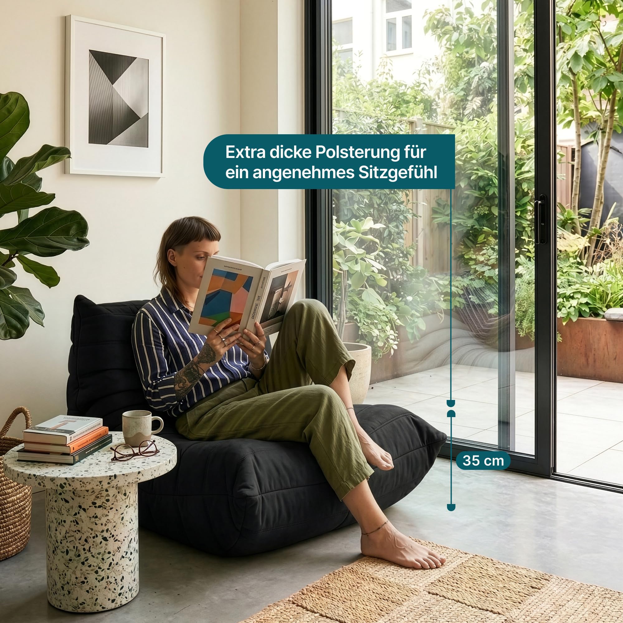 [en.casa] Bodensessel Kodsø Bodenstuhl mit Rückenlehne Lesesessel gepolstert Bodenkissen Sitzsack Sofa Mikrofaser Bodensofa 75 x 90 x 100 cm Relaxsessel Schwarz