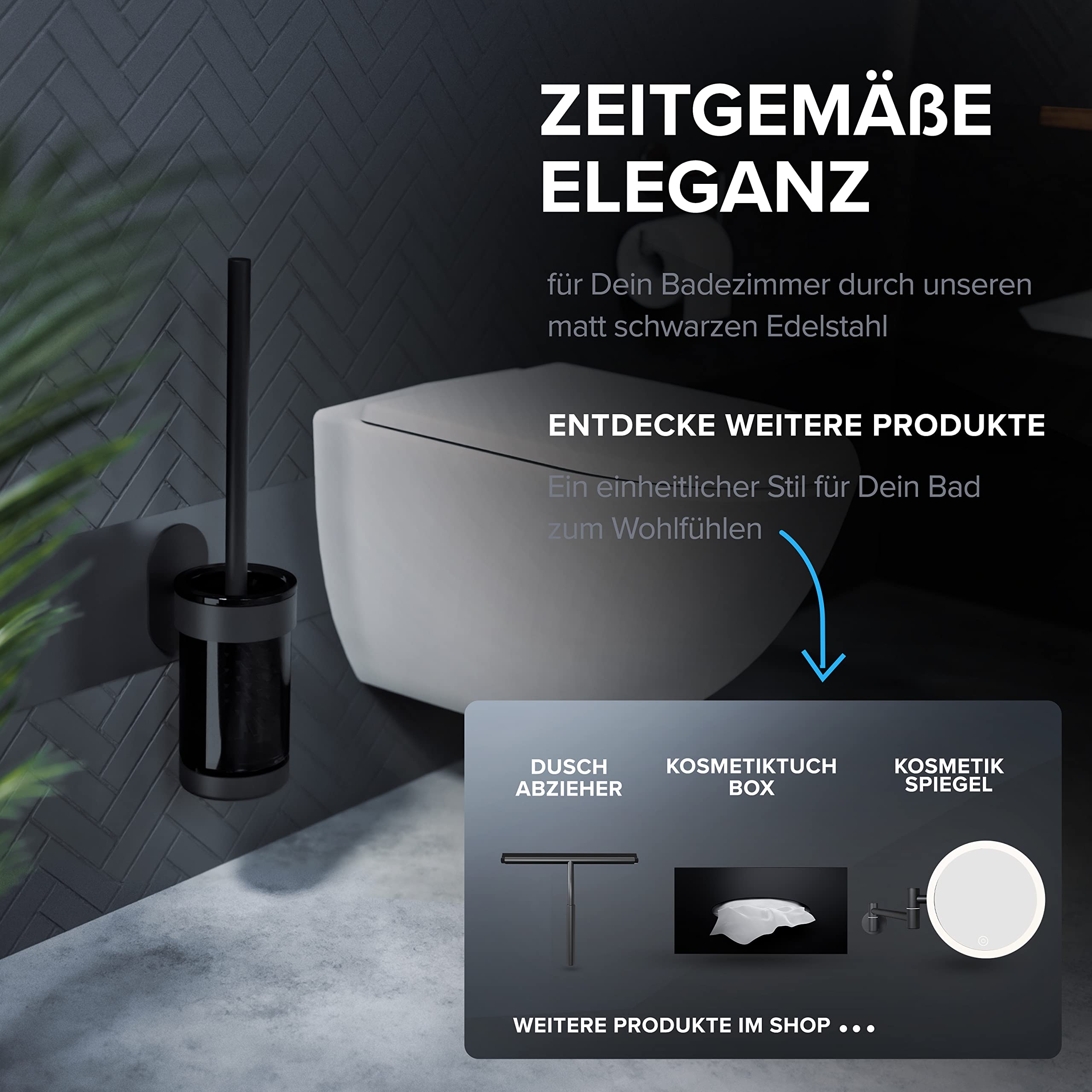 ovimar Toilettenbürste Finnkona | schwarz | Wandhalterung ohne Bohren | Silikon Klobürste | Belüftungsfunktion | zum Kleben | aus pulverbeschichtetem Edelstahl | WC Bürstenkopf wechselbar