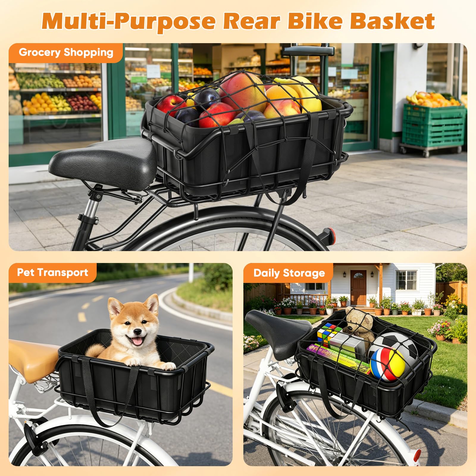 Cestino Bicicletta Posteriore,Portapacchi Bici Posteriore 25 kg,Cestino BiciAntiruggine, Universale per Bici ed E-Bike, Include Rete Elastica e Fodera