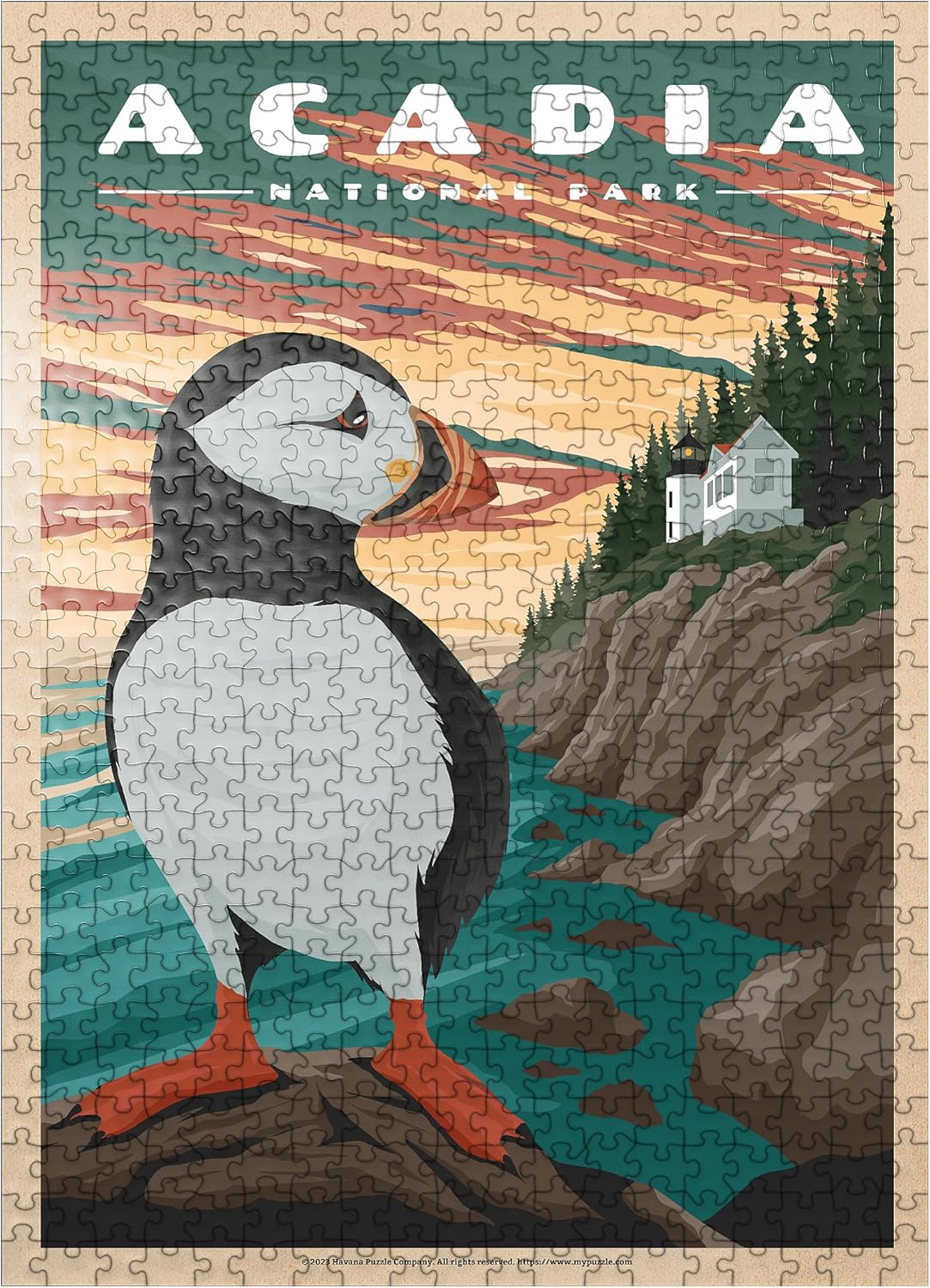 MyPuzzle Acadia National Park - Bass Harbor Puffins, Vintage Travel Poster - Premium 500 Piece Jigsaw Puzzle for Adults