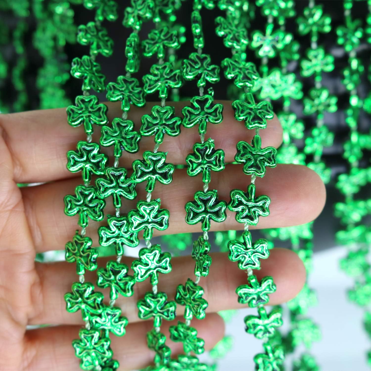 GiftExpress 12-Pack 33'' St. Patrick’s Day Shamrock Beads – Green Metallic Clover Mardi Gras Party Necklaces, Festive Beaded Jewelry for Costumes & Celebrations - Image 4