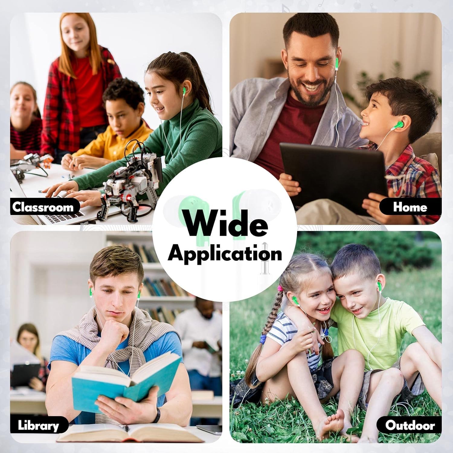 Lot de 100 écouteurs intra-auriculaires de 3,5 mm emballés individuellement avec fil pour étudiants, écoles adultes, hôpitaux, hôtels, bibliothèques, musées, cadeau MP3 (vert)