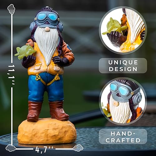 Miniatura 3 de Redwix Gnomo piloto de 11.1 x 4.7 pulgadas, gnomo de jardín con luz solar, divertido gnomo en disfraz de piloto con avión, estatuas de jardín al