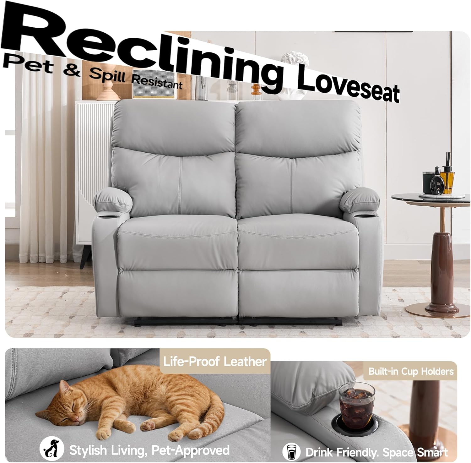 Reclining Loveseat Recliner, Double PU Leather Loveseat RV Couch 2-Seater Recliner Chair Set for Living Room, RV, Home Theater(Loveseat, Gray) | Anti-Scratch Leather, Cup Holder, Wall Hugger, Loveseat RV Couch