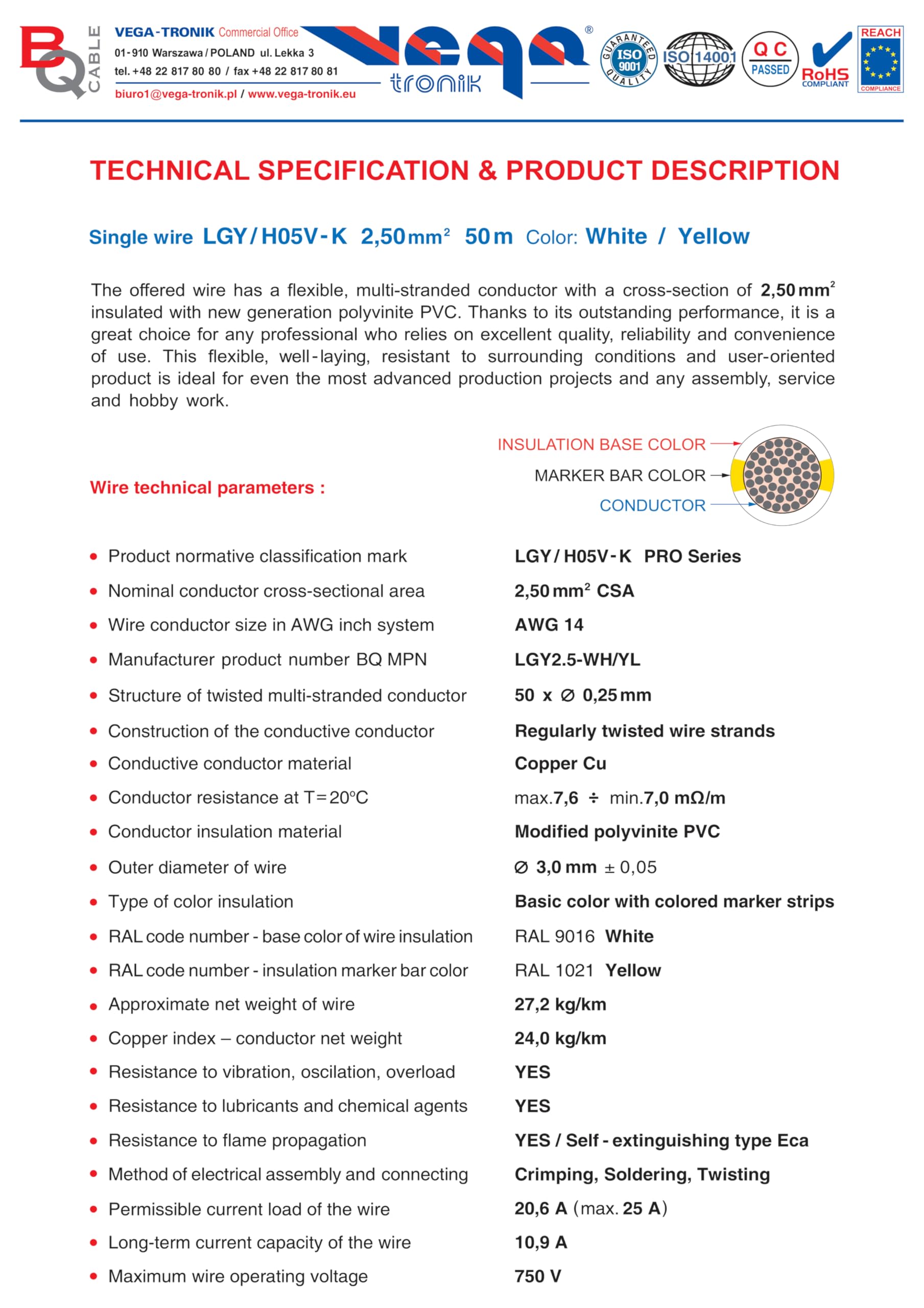 Cavo singolo LGY/H05V-K 2,50 mm2 50 m Colore: bianco/giallo