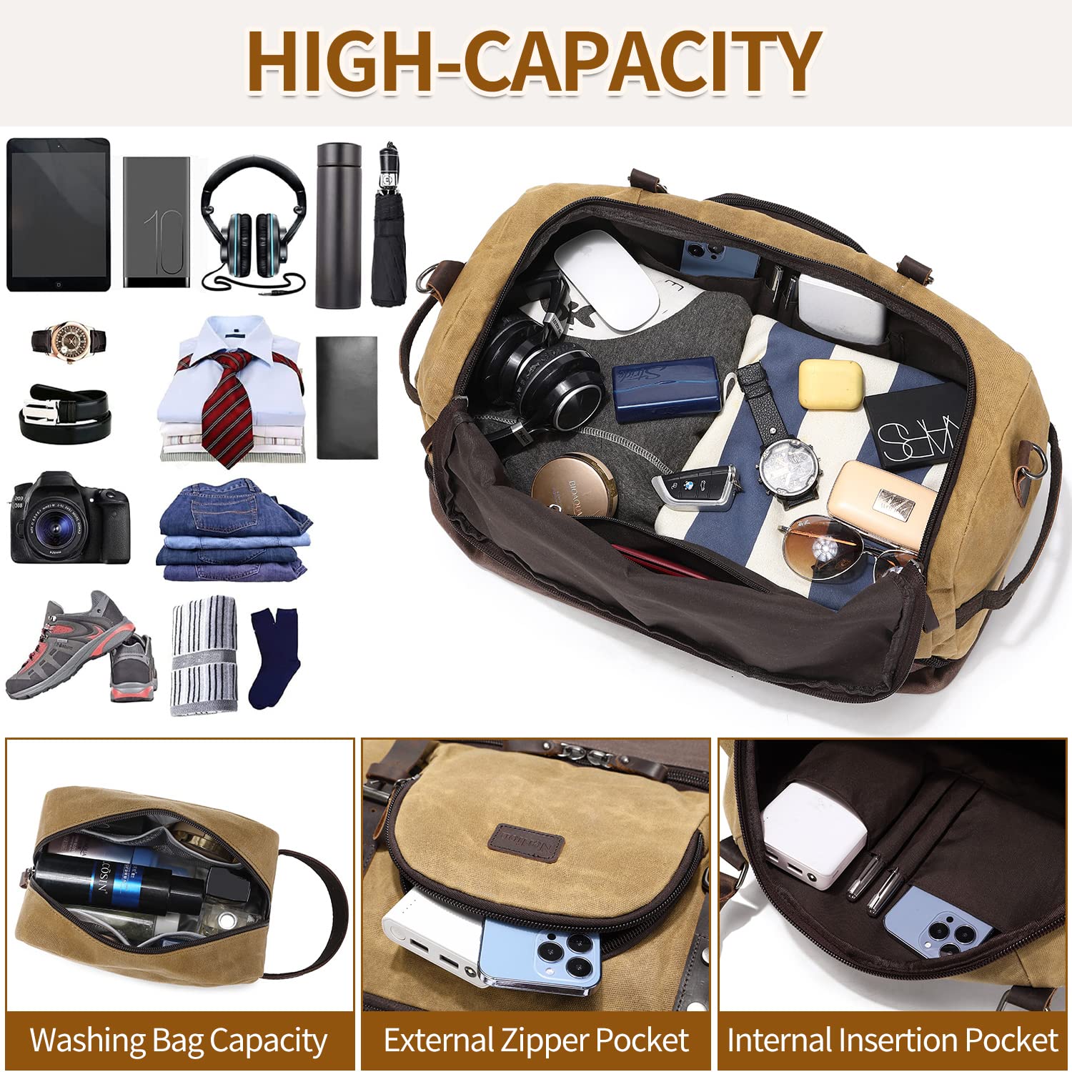 Nerlion Weekender Tasche mit Schuhfach Große Übernachtungstasche für Herren Canvas Echtleder Handgepäck Tasche Reise Seesack, Braun, Reisetasche