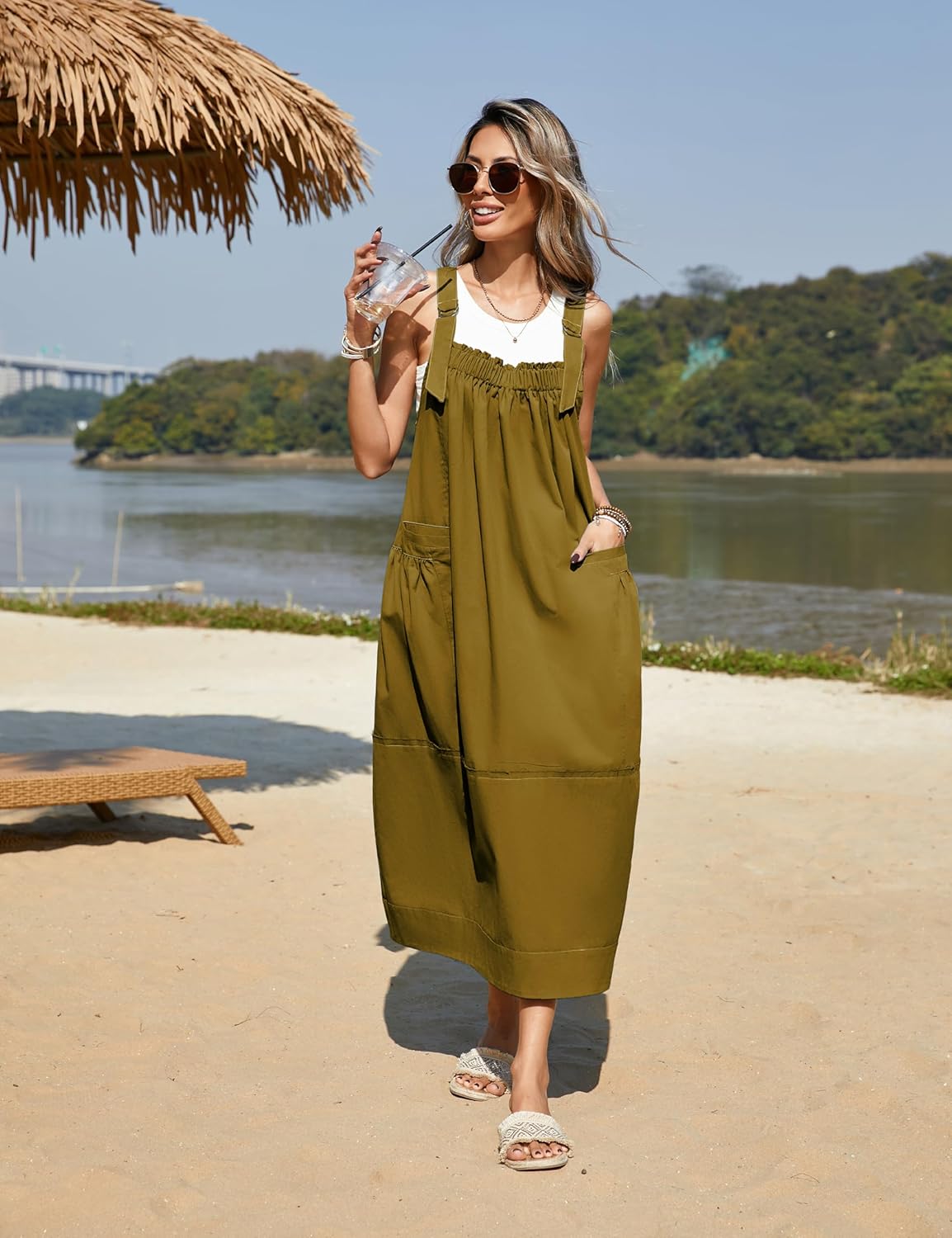 Yeokou Womens Overall Dress Cotton Barrel Midi Travel Dress Loose Fit Adjustable Straps Big Pockets Jumpsuits - Image 7