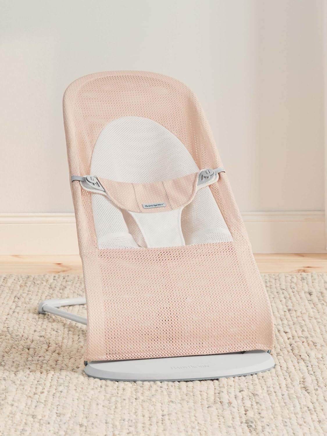 Askshy BabyBjörn Babywippe Balance Soft, Hellgrauer Rahmen, Netzstoff, Perlmuttrosa/Weiß