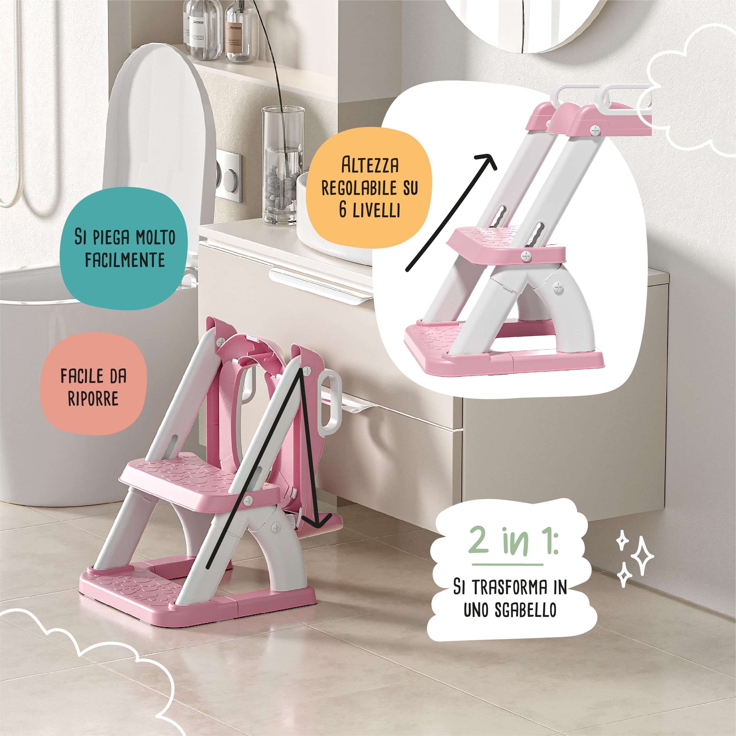 Riduttore WC Bambini con Scaletta – Sedile WC Pieghevole per Apprendimento Autonomo – Adattatore Toilette con Gradino Antiscivolo e Maniglie – Vasino Bambini