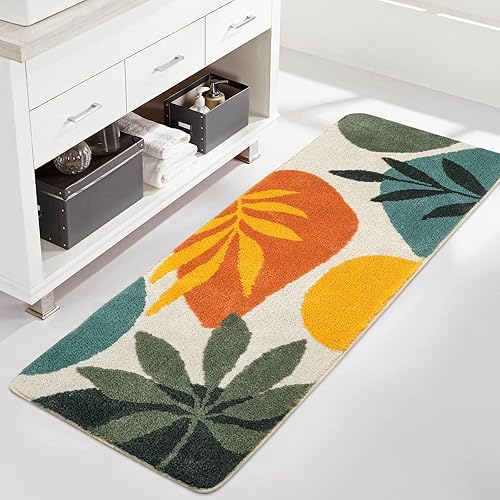 Miniatura 7 de Uphome Alfombra de baño colorida con hojas abstractas, alfombra de baño larga, antideslizante, absorbente de agua, boho, alfombra de baño de