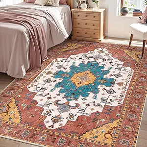SERISSA Bedroom Rug 4x6 Boho Rug, Vintage Orange Washable Area Rugs Non Slip, Ultra Soft Print Distressed Low-Pile Throw Rug Carpet for Nursery Dorm Kitchen Living Room Decor