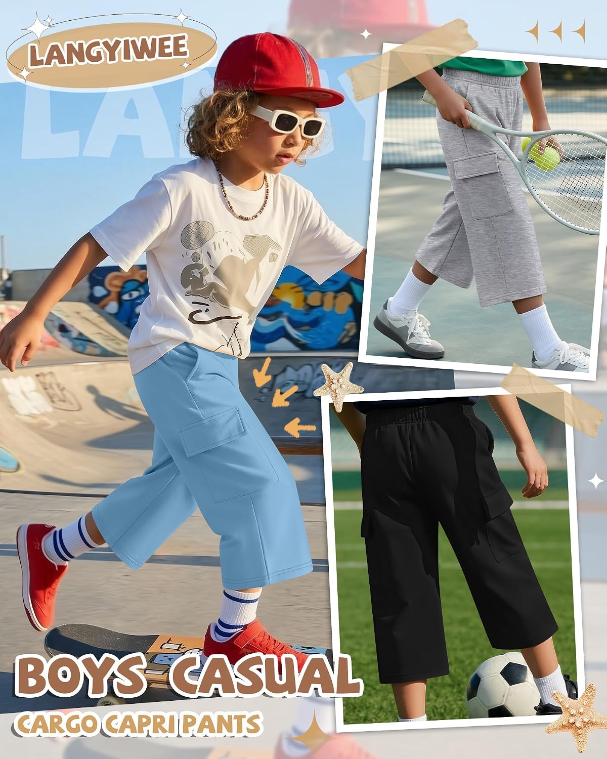 3 Pack Boys Capri Pants Kids Athletic Sweatpants Cropped Cargo Pants Summer Lightweight 3/4 Bottoms with 4 Pockets