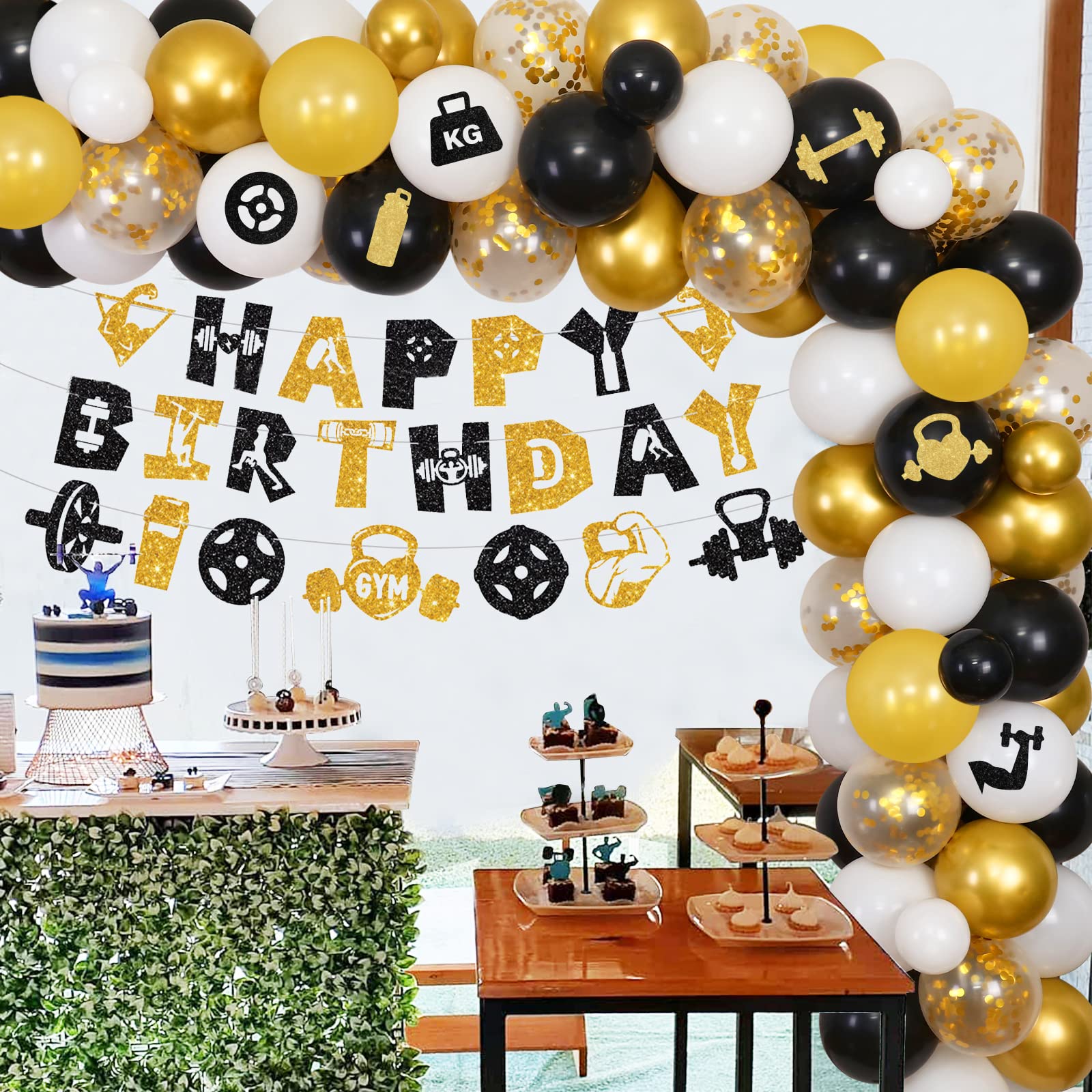 Gym Fitness Birthday Party Banner & Garland Set - Weightlifting Bodybuilder Glitter Decorations For Themed Parties