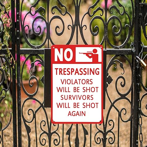 Miniatura 5 de TISOSO Letreros de advertencia de seguridad con texto en inglés No Trespassing Violators Will Be Shot Again (No Trespassing Violators Will Be Shot