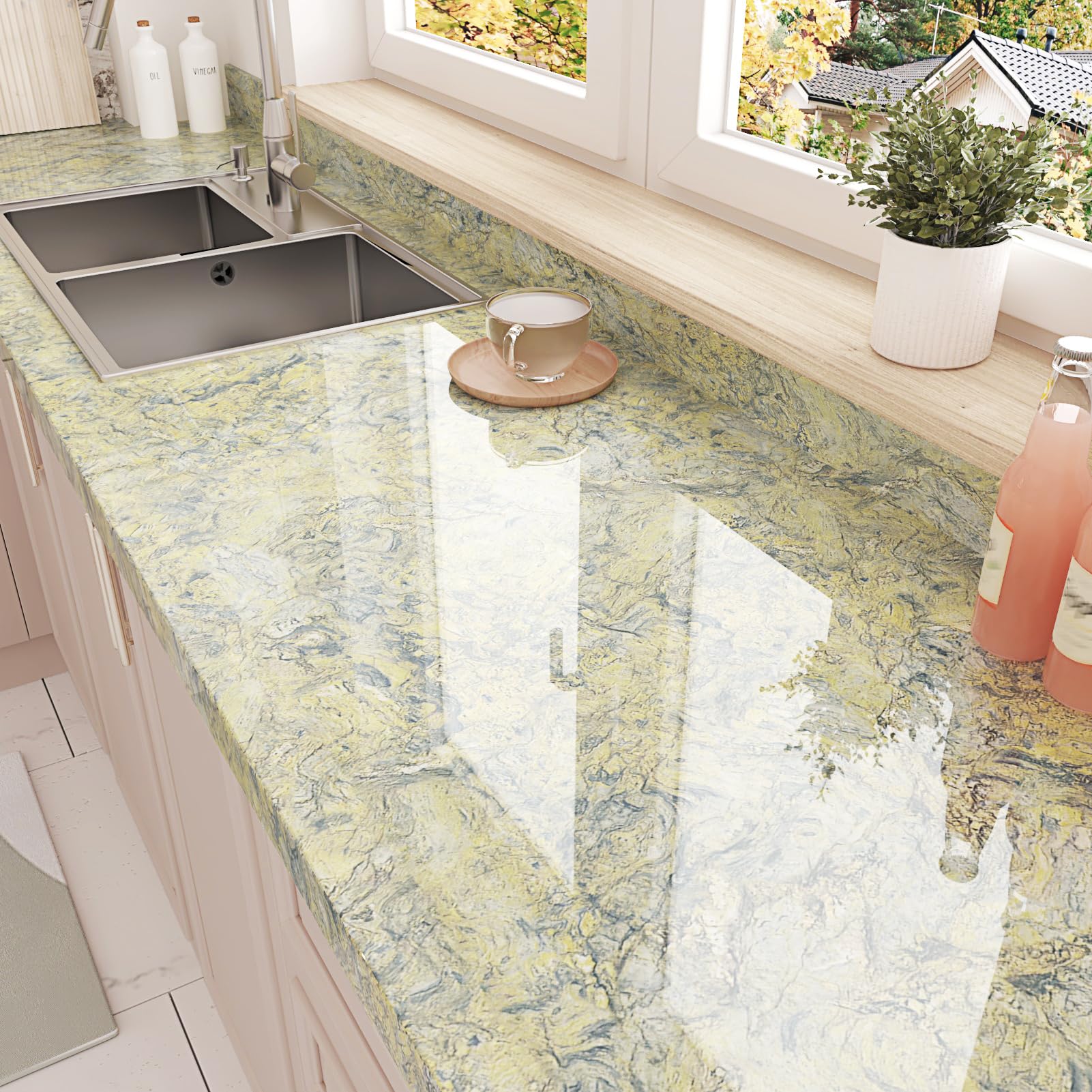 WESTICK Glossy Gold Marble Contact Paper 15.8"x200" Beige Marble Wallpaper Peel and Stick Countertops Waterproof Vinyl Countertop Granite Wall Paper