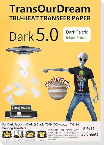 TransOurDream Tru-Iron - Papel de transferencia de calor para telas oscuras (25 hojas, 8.5 x 11, oscuro 5.0), vinilo de transferencia de calor
