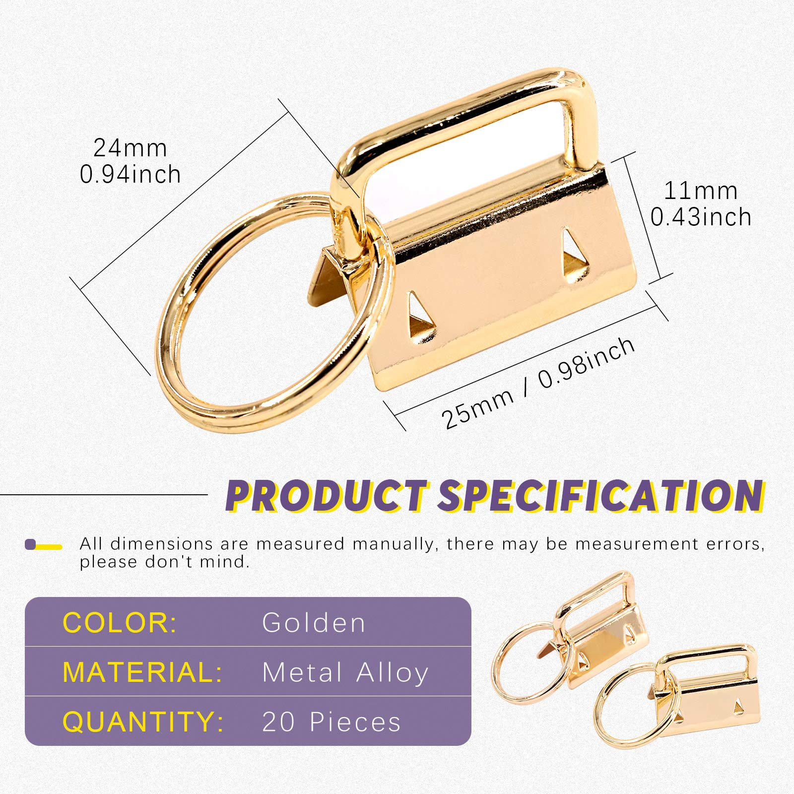 Swpeet 20Pcs Gold 1 Inch Key Fob Hardware with Key Rings Sets, Perfect for Bag Wristlets with Fabric/Ribbon/Webbing/Embossed and Other Hand Craft - 25mm