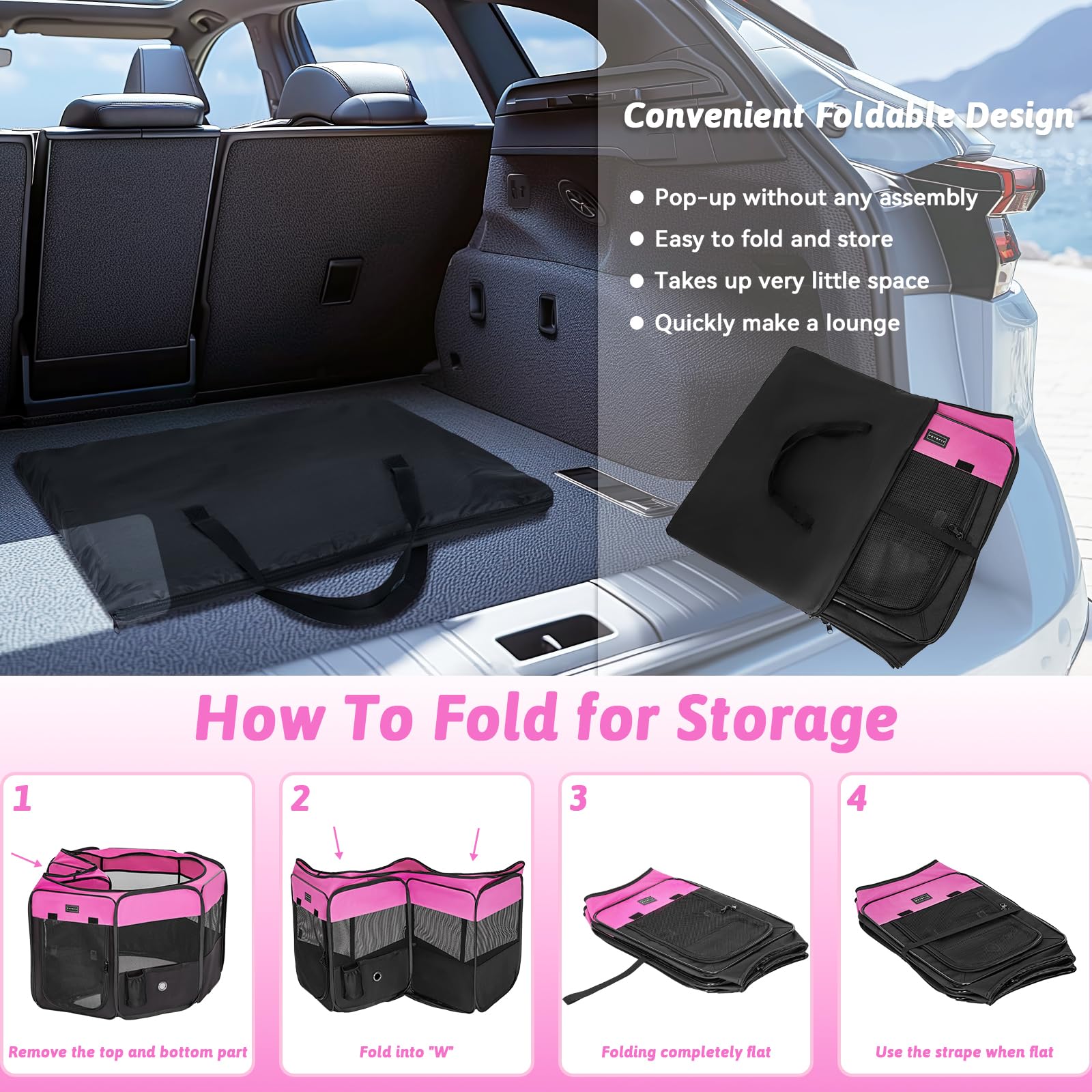 PETSFIT Recinto per Gatti Pieghevole e Portatile, Recinto per Cani con Pavimento impermeabile in Tessuto, rosa, 75 * 68 * 42CM