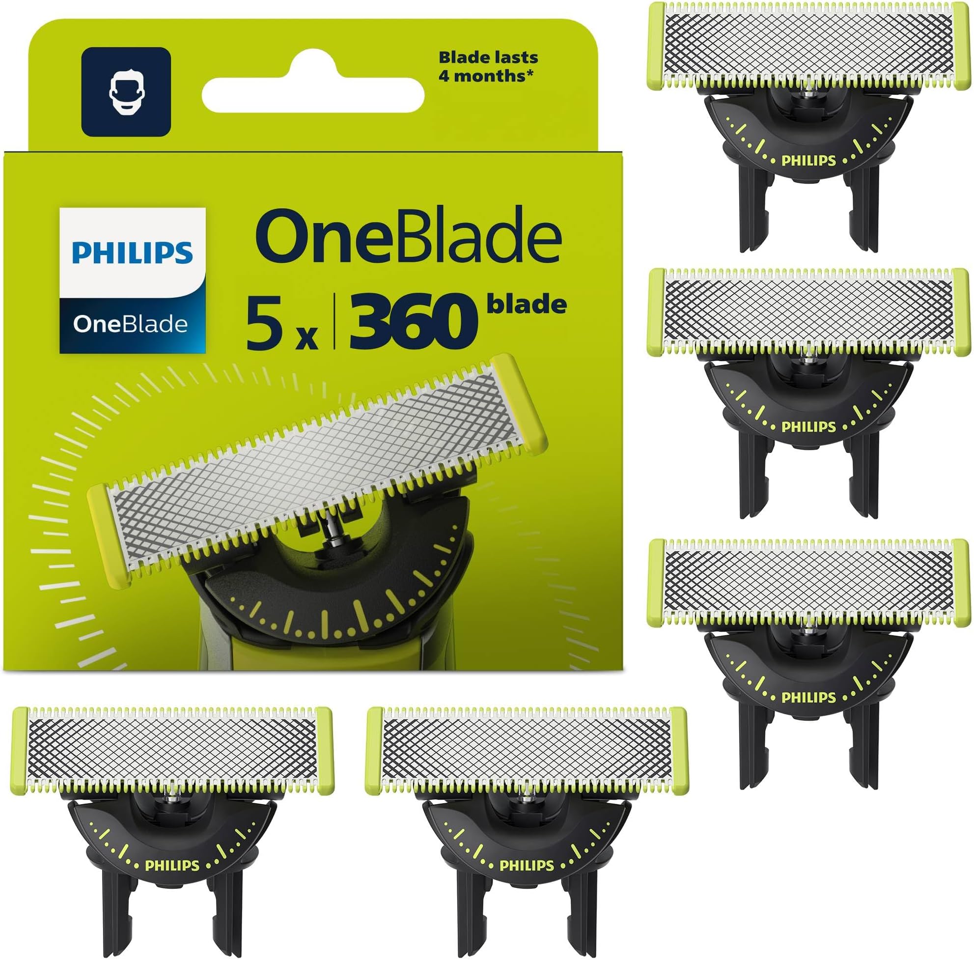 Philips OneBlade Authentic 5x 360 Blade Replacements - Fits ALL OneBlade handles - Durable Stainless Steel- 20- month supply, Model QP450/50