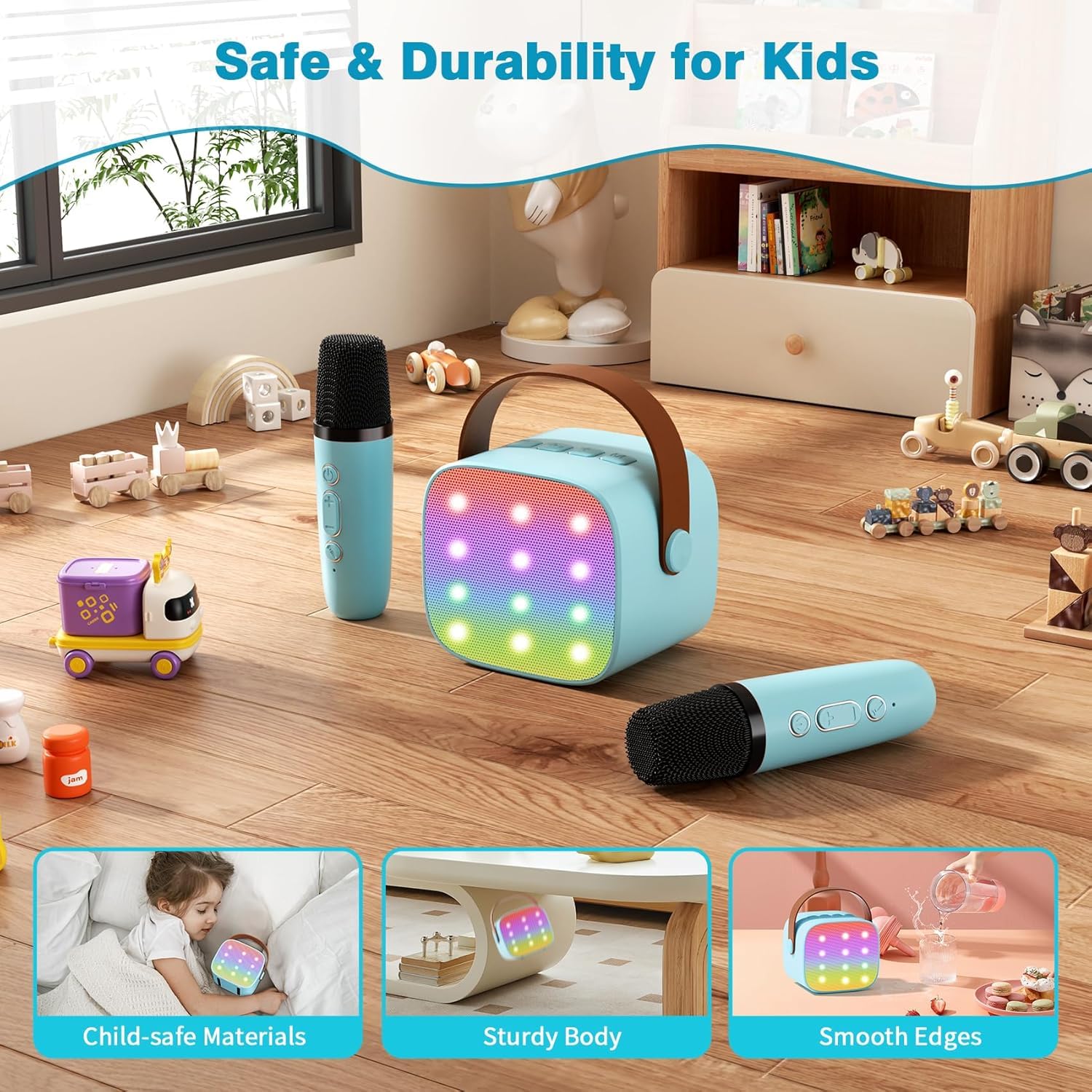 Mini Karaoke Bluetooth Bambini con 2 Microfoni Wireless, Portatile Regalo Compleanno 3-12+ Anni (blu)