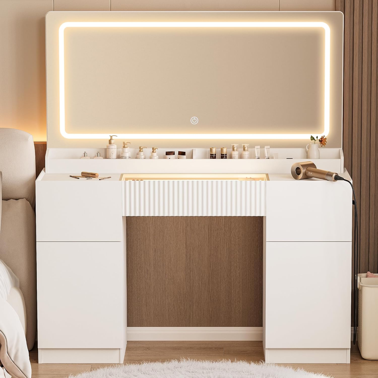 44" White Glass Top Makeup Vanity Desk with LED Lights, Large Mirror, Power Outlet, 3 Drawers & Cabinets - Modern Bedroom Dressing Table
