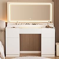 44" White Glass Top Makeup Vanity Desk with LED Lights, Large Mirror, Power Outlet, 3 Drawers & Cabinets - Modern Bedroom Dressing Table