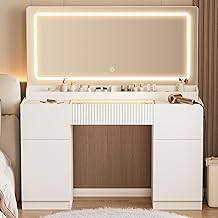 44" Vanity Desk with Large Mirror and Lights, Modern Glass Top Makeup Vanity Set with Power Outlet, 3 Drawers and 2 Cabinet, 3 Lighting Color Adjustable Dressing Table for Bedroom,Pure White