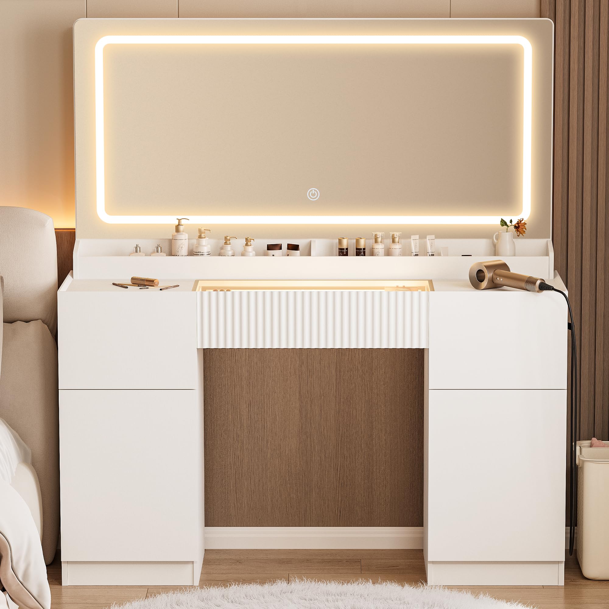 44" Vanity Desk with Large Mirror and Lights, Modern Glass Top Makeup Vanity Set with Power Outlet, 3 Drawers and 2 Cabinet, 3 Lighting Color Adjustable Dressing Table for Bedroom,Pure White