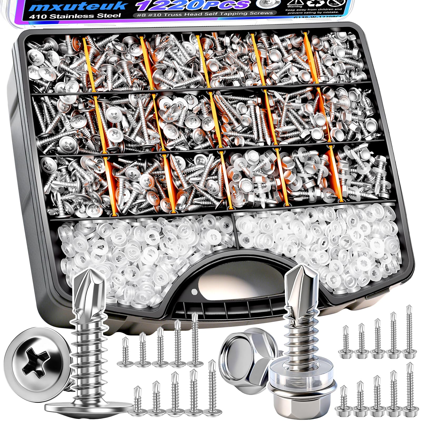 mxuteuk 230PCS #8 Self Tapping Screws for Metal,410 Stainless Steel Self Drilling Screws,1/2",5/8",3/4",1",1-1/4" Truss Head Sheet Metal Screws with Rubber Washers for Metal,Plastic,Wood(115pcs Sets) — Amazon image 27