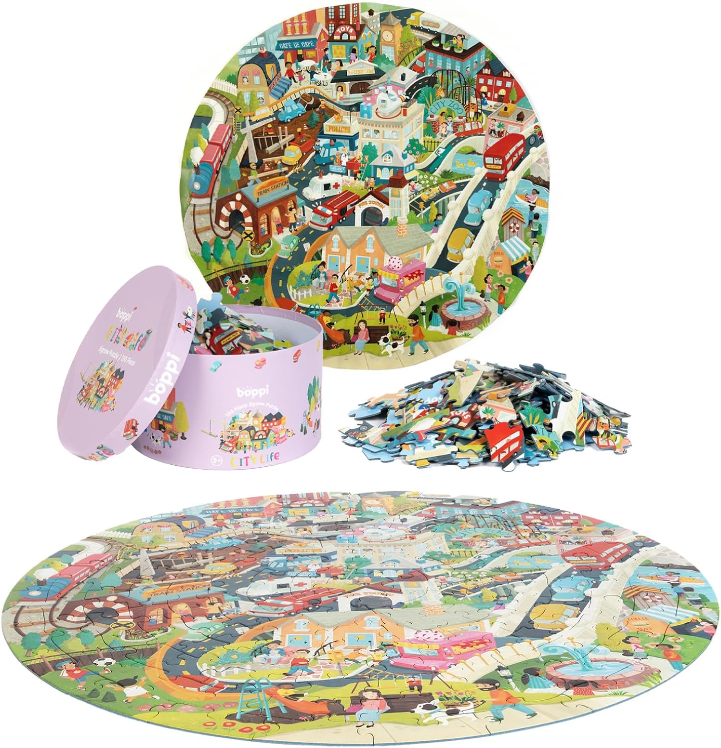 boppi Round 150 Piece Jigsaw Puzzle for Kids Aged 5-8 | Educational City Life Puzzle with Buildings, Vehicles & People | Eco-Friendly Recycled Cardboard image 3
