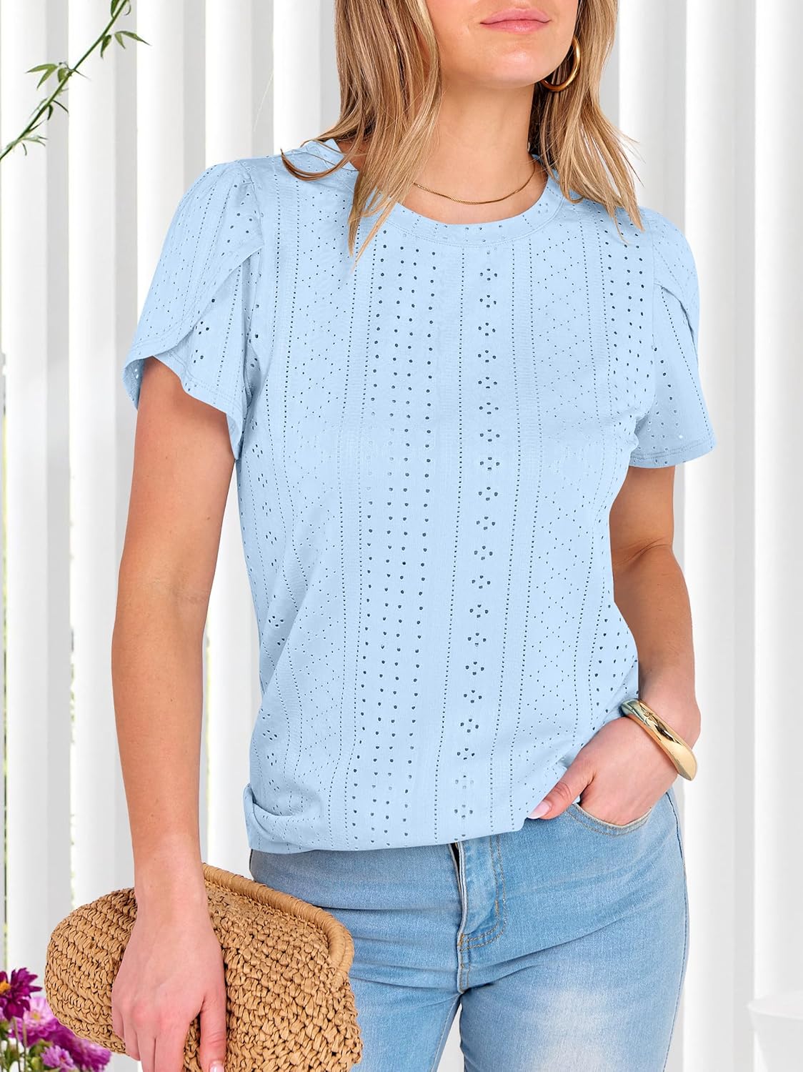 ANRABESS Womens Tops Summer Eyelet Petal Short Sleeve T Shirts Dressy Casual Blouses Ladies Basic Tees 2026 Spring Clothes - Image 3