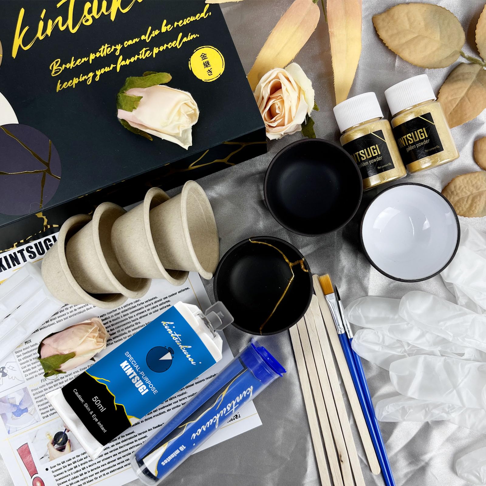 Kit di riparazione Kintsugi oro, kintsugi repair kit, ripara Ceramiche rotte con polvere d'oro e stucco epossidic, per principianti che restaurano regali significativi, Con 2 tazze di pratica
