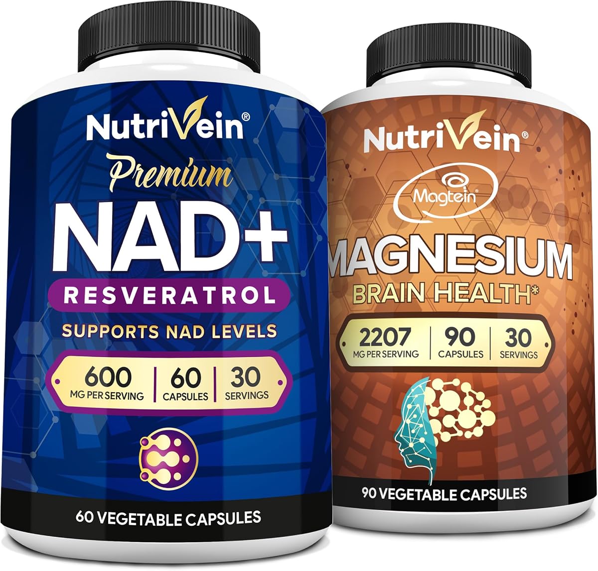 Nutrivein Premium Magnesium Threonate & NAD + Resveratrol Supplement Bundle: Combined Resveratrol NAD Capsules & Magnesium L-Threonate Supplement (Magtein) - Aging, Cognition, Sleep, Mood, & Recovery