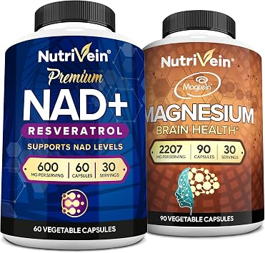مجموعة مكملات Nutrivein Premium Magnesium Threonate & NAD + Resveratrol كبسولات Resveratrol NAD ومكملات Magnesium L-Threonate Magtein - الشيخوخة والإدراك والنوم والمزاج والتعافي