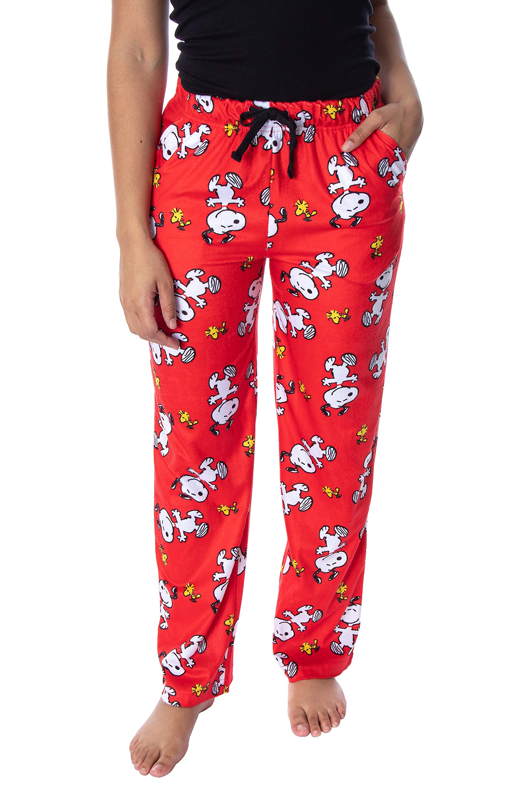 INTIMO Peanuts Women's Snoopy and Woodstock Allover Print Smooth Touch Fleece Sleep Bottoms Lounge Pajama Pants (Medium)