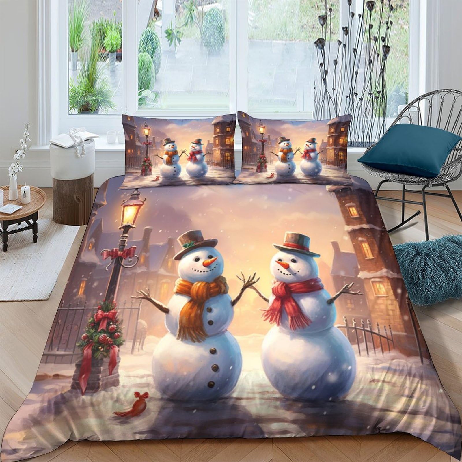 Funda nórdica matrimonial de muñecos de nieve para noches románticas de invierno y dormitorios acogedores
