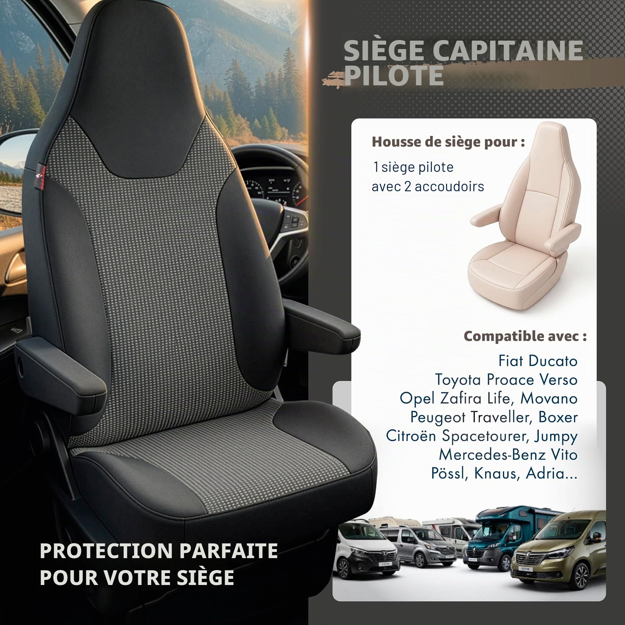 WALSER Housse siège camping-car, 1 housse siège pilote + 2 housses accoudoirs, protection universelle pour sièges pivotants type Fiat Ducato, Pössl, Knaus, Adria, Carthago