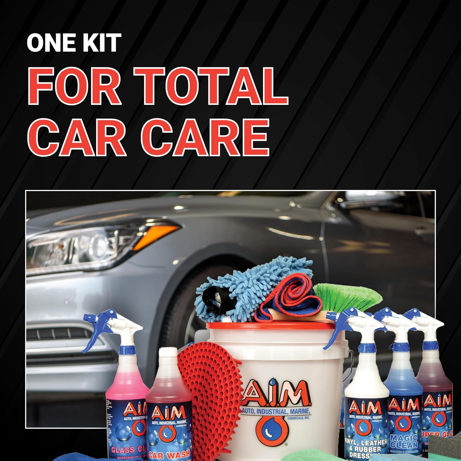 A.I.M. Chemicals 15 pce Professional Car Wash Kit - 5ea. 32oz. Bottles of Cleaning Concentrates Car Care, Complete Cleaning Kit for Wheels,Tires, Engines,Glass,Carpet,Upholstery,Vinyl,Painted Surfaces