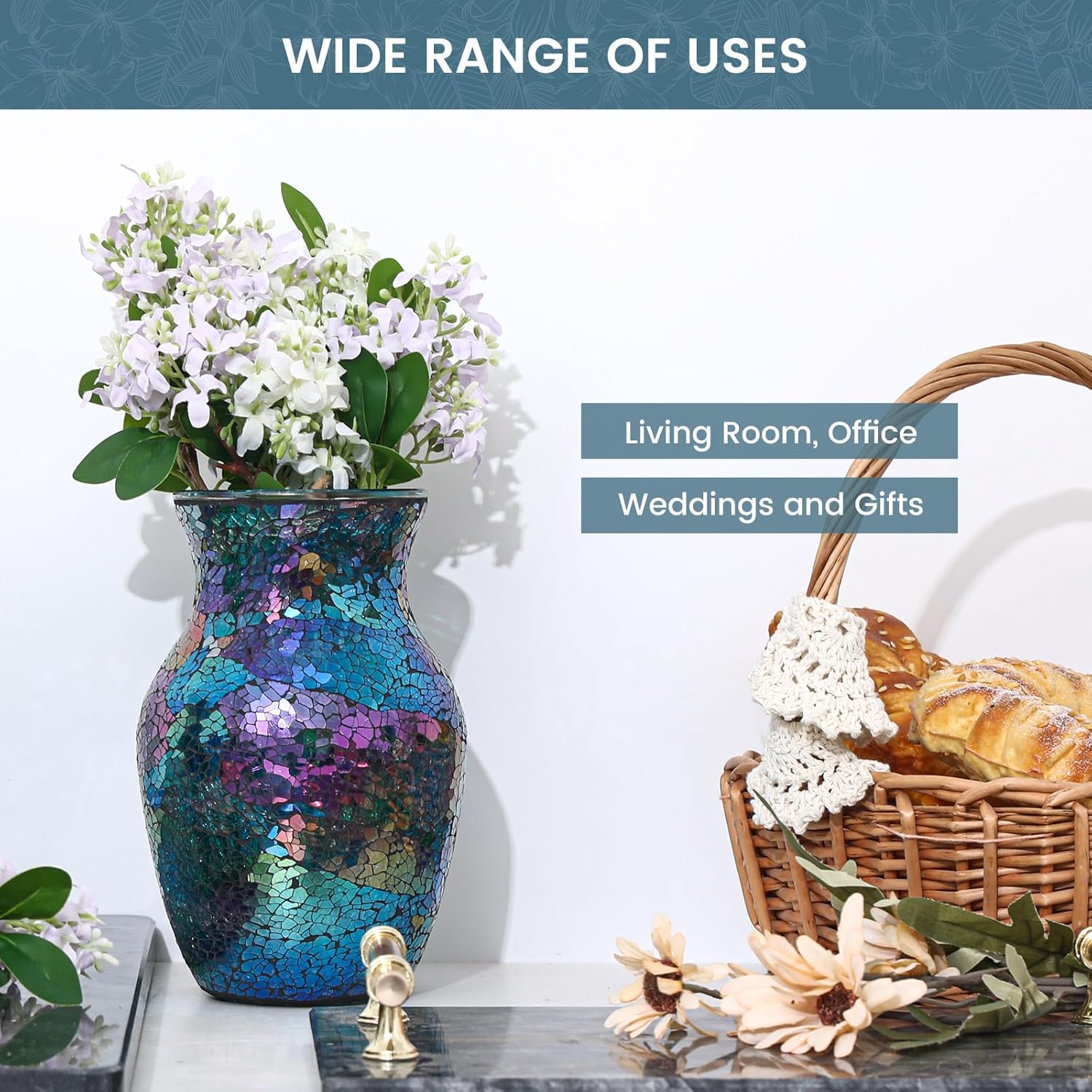 Mosaic Glass Flower Vase for Home Decor, Handmade Glass Vases for Living Room, Kitchen, Wedding, Office (Colorful Blue, 5 * 8 Inch)