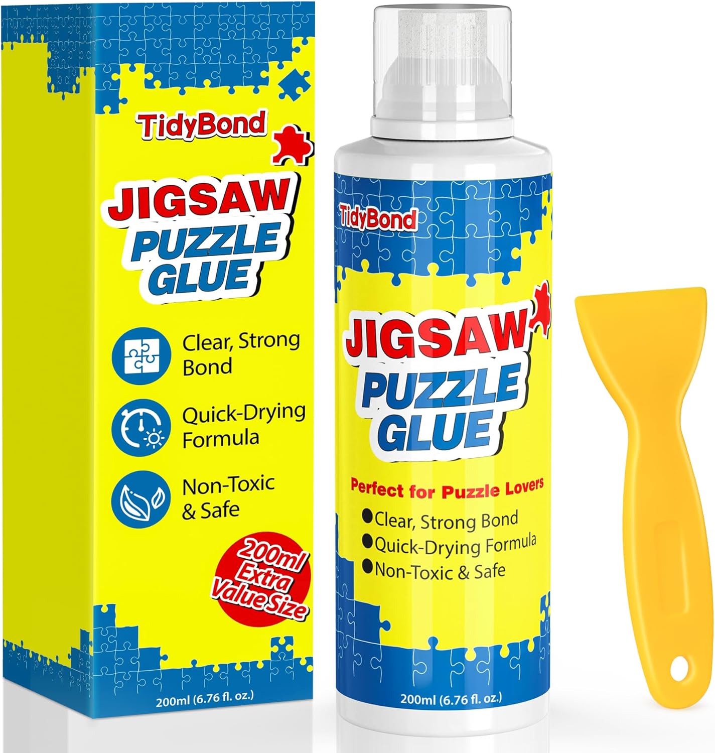Jigsaw Puzzle Glue with Sponge Tip & Squeegee – Clear, Fast-Drying Puzzle Sealer for 1000/3000/5000 Piece Puzzles – Non-Toxic Adhesive for Paper & Wooden Jigsaw Puzzles – 200ml