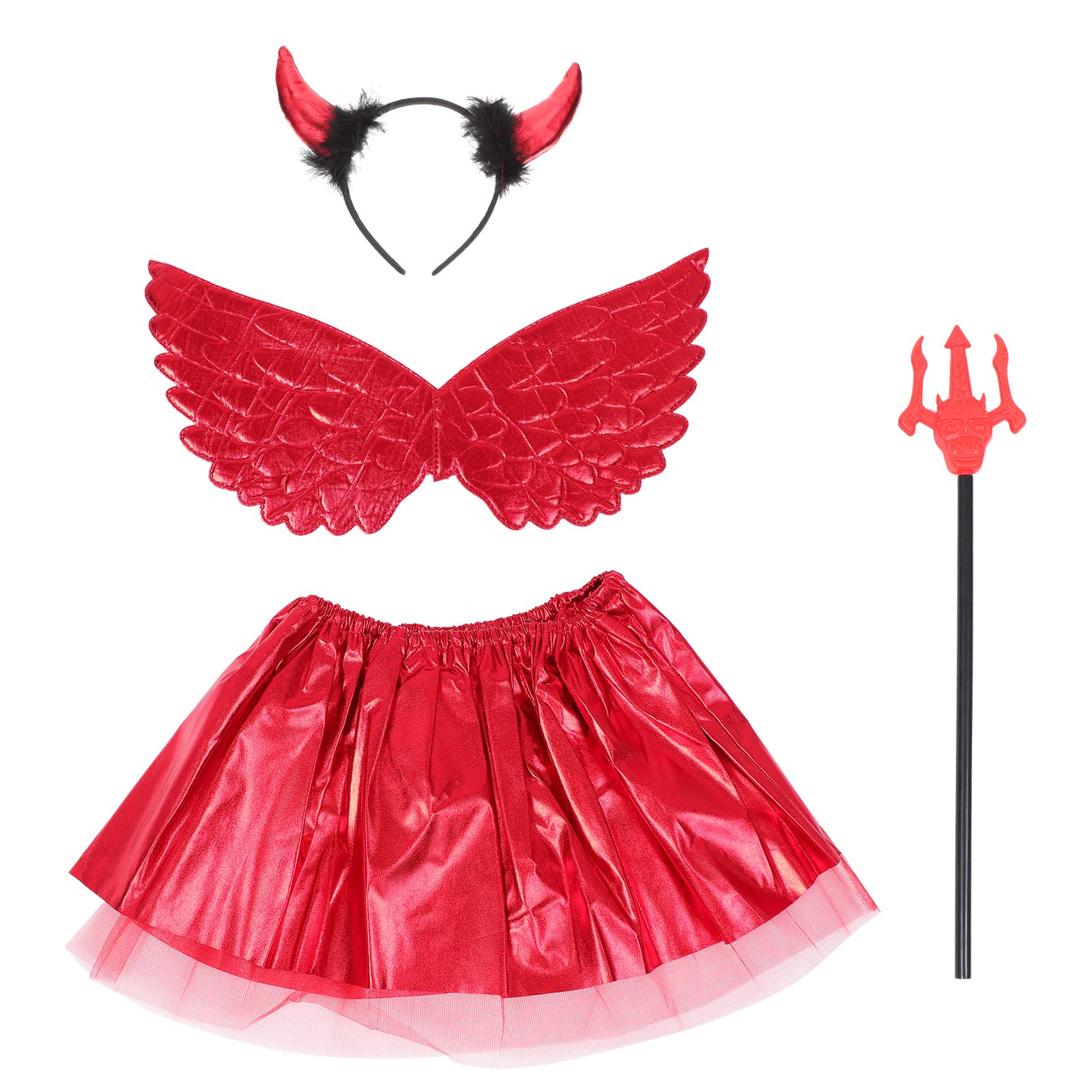 HEALLILY 4pcs 1 Set Halloween Devil and Angel Halloween Costume for Girls Includes Skirt Wings Headband and Pitchfork