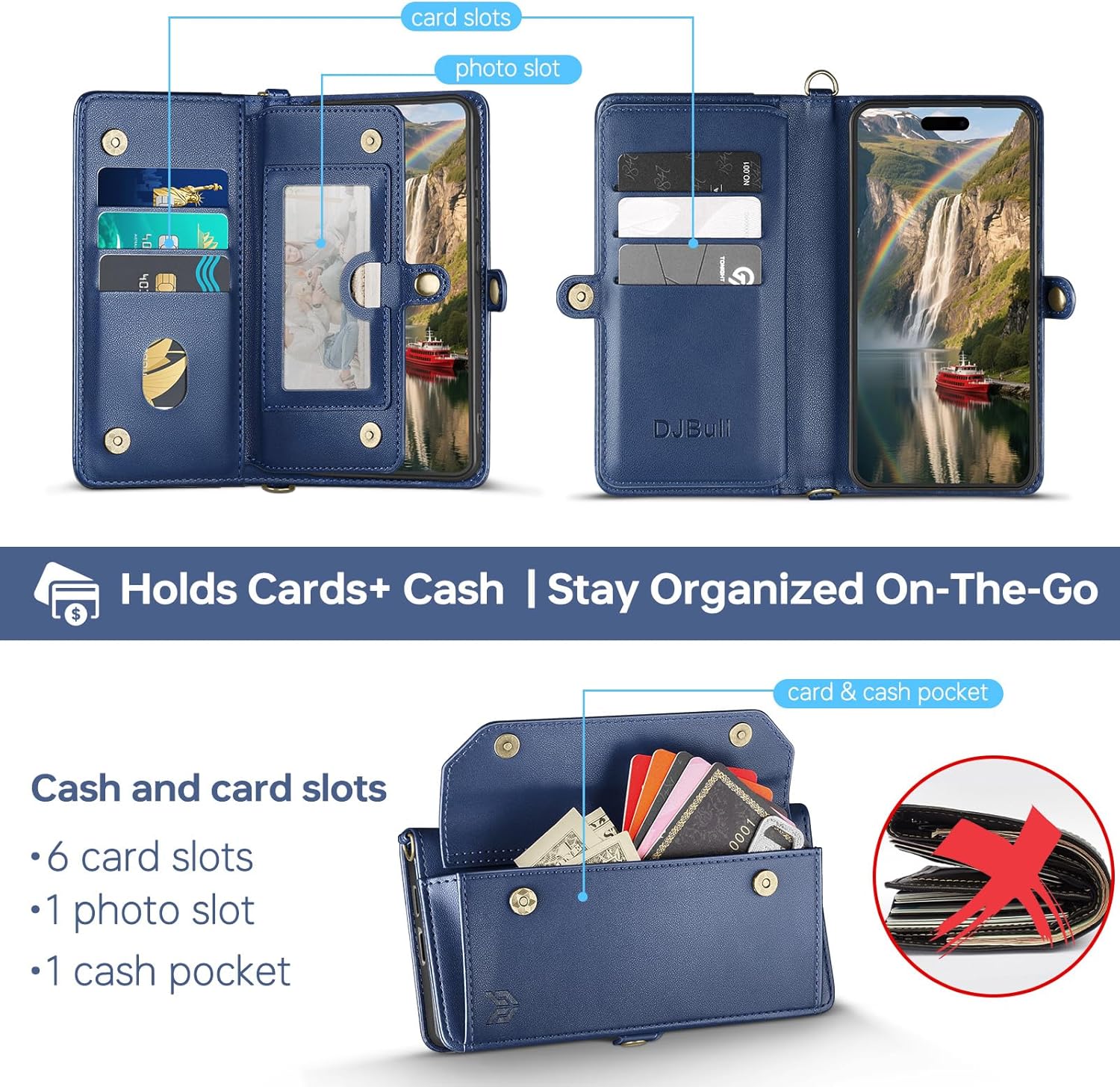 DJBull for iPhone 16 6.1" Wallet Case with Card Holder, Shoulder and Wristlet Straps, Soft PU Leather, Magnetic Snap, Flip Phone Case for Women Men for Apple 16 Blue