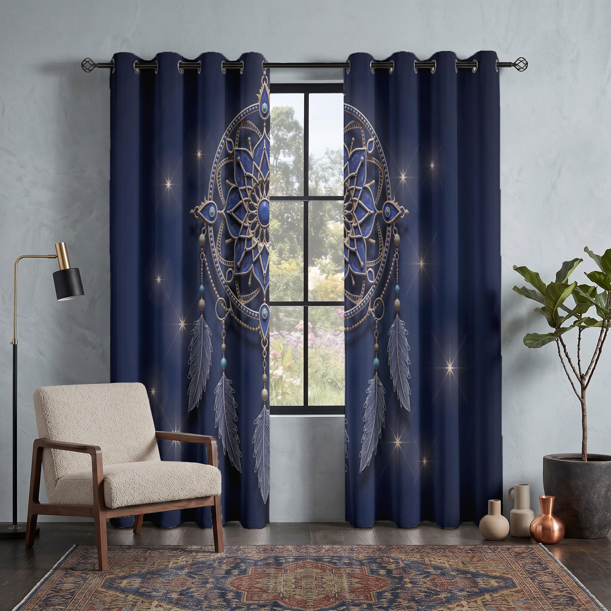 Blickdichte Gardinen Traumfänger - Verdunkelungsvorhang Blausilber Unaufdringlicher Luxus Im Ethno-Stil Vorhang mit Ösen für Schlafzimmer Wohnzimmer Kinderzimmer - H220cmxB140cm(2er Pack)